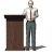 A man in a white shirt and brown tie stands behind a wooden podium, shown across with varying hand positions