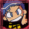Pixelated cartoon character with blue hair and yellow-black checkered shirt, smiling while touching ear, framed by red border with white accents.