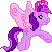 Pixelated pony with purple body and mane, pink wings, green necklace, standing on gray background next to purple text reading 'Come follow me to ezzieBlossom'