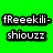 Four square display the text fReeekili-shiouzz in pixelated font with black outlines on green, pink, purple, and gray backgrounds