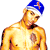 Animated contact sheet of a shirtless man with tattoos wearing a blue and white cap in three distinct poses against a transparent background.