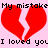 Pixelated image with pink background showing two red broken hearts and text "My mistake My mistake I loved you" above blue section filled with purple hearts and repeated white text "i love you bobby >3".