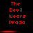 Red pixelated text "The Devil Wears Prada" repeated three times in two on a black background with horizontal red bars between