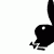 Black silhouette of a rabbit head with long ears, white eyes, and small feet on a white background.
