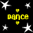 Black background with white stars and yellow hearts surrounding four instances of the word 'dance' in pixelated yellow text.