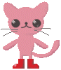 Pixelated pink cat avatar with large black eyes, whiskers, and red boots in two poses: standing upright and bowing with closed eyes.
