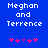Blue background with white pixelated text 'Meghan and Terrence' and five pink/purple pixelated symbols below, two versions differ in symbol order.