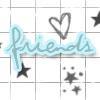 A static icon with a light blue cursive 'friends' text overlay on a white grid background, accompanied by black star and heart symbols.