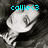 Pixelated grayscale image of a stylized character with a large head and small body, overlaid with cyan text reading 'callie<3' against a dark background.