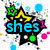 Animated icon with yellow star, green flower, and colorful dots surrounding text that changes from "shes" to "likee" to "a star".