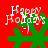 Red background with green snowflake shapes and white 'Happy Holidays' text, animated with shifting text and snowflake positions.
