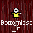 Animated contact sheet of a yellow stick figure character with white head and black eyes performing various poses against a dark red striped background, each frame labeled "Bottomless Pit" in white text below the icon.