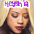 A woman with blonde hair and closed eyes appears in three ; the top-left shows purple text 'KCYSH' above her head, while the top-right displays 'COIE' instead