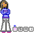 Pixelated character with brown hair and blue eyes stands in a static pose wearing a blue sweater, white pants, and pink shoes.