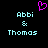 Pixelated cyan text reads "Abbi & Thomas" on black background with a pink heart symbol above.