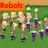 Four pixelated cartoon with orange text boxes: robots on grass, snakes on a coaster, chariot race, and Chinese food logo
