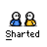 Animated contact sheet of 18 pixel art frames showing two stick figures (blue and yellow) with changing poses, speech bubbles, and text labels under each frame.