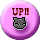 Two side-by-side animated frames of a pink circular buddy icon featuring "UPH" text and a gray cat face, with the left frame showing darker red text and the right frame showing brighter red text.