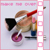 six identical makeup-themed images with pink text 'make me over' at the top, each containing a brush, lipstick, and small container
