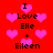 Red background with pink hearts and black text reading "I Love Elle + Eileen" in two vertical