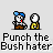 Pixel art animation of two figures where one punches the other, with speech bubbles and repeated text below.