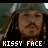 A pixelated animated icon shows a character with long dark hair, mustache, and hat in multiple expressions including 'KISSY FACE', 'LA LA LA', and 'AND STILL HOTT' text overlays.