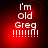 Red background with white text 'I'm old Greg' and multiple exclamation marks, showing pixelated animation changes across four