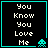 A 4-frame animated contact sheet showing a pixel art animation of the text "You Know You Love Me" with a turquoise border and four different alien sprites in each frame.