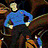 Pixelated blue figure with glowing white accents against dark background, featuring rounded head and body shape.