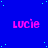 Blue background with scattered light blue dots and repeated pink text 'Lucie' in a pattern, partially obscured by gray rectangle