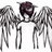 Pixelated angel figure with dark hair and large gray wings on white background, red text 'Emo' and 'Angel' in black quadrants.