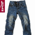 Blue denim jeans with faded knee patches and dark stitching, displayed against a white background with a red vertical banner on the left side.
