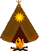 Pixelated brown teepee with red cross-stitching, yellow star symbol at top, and orange campfire below on gray background.