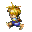 Pixelated character with spiky blonde hair and blue outfit in six sequential poses showing walking motion against gray background.