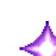 Animated sequence of a purple and white pixelated shape transitioning from a solid form to scattered particles against a gray background.