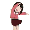 Anime girl in pink sweater and dark skirt performs repeated arm movements against gray background.