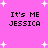 Pixelated text 'It's ME JESSICA' repeated four times on a pink background with white star shapes.