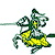 Pixelated green and yellow creature with multiple limbs and a yellow central section, set against a white background.