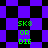Pixelated green text 'SK8 OR DIE' repeated over a purple and black checkered background with diamond-shaped patterns.