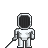Pixelated figure in white spacesuit with black helmet and visor, holding long thin object, standing against solid gray background.