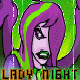 repeating cartoon-style female faces with purple hair and green accents, each face displaying a static expression