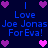 Pixelated blue text on dark background with pink and purple hearts, repeating 'Love Joe Jonas For Eva!' in two mirrored sections.