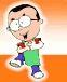 Animated cartoon character in green overalls, red shirt, blue pants, white shoes with black accents, performing sequential poses against orange and white background.