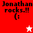 Pixelated text 'Jonathan rocks.!!' with a smiley face and star symbols on red, white, and pink backgrounds.