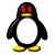 Pixelated penguin with black body, white belly, yellow beak and feet, red eyes on left; green text 'Original Icons .com' on right against dark background.