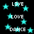 Black background with cyan stars and white text reading LIVE, LOVE, DANCE repeated in a pattern