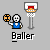 Pixel art of a basketball player character holding an orange ball near a hoop, with text 'Baller' below.