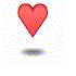 Red heart-shaped icon with subtle shadow, displayed in multiple variations of size and orientation across a