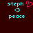 Two side-by-side pixel art displays with dark red backgrounds, each showing cyan text and symbols including 'steph', '<3', and 'peace' on the left display.