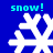 Blue background with four white snowflakes and cyan "snow!" text above each, arranged in a